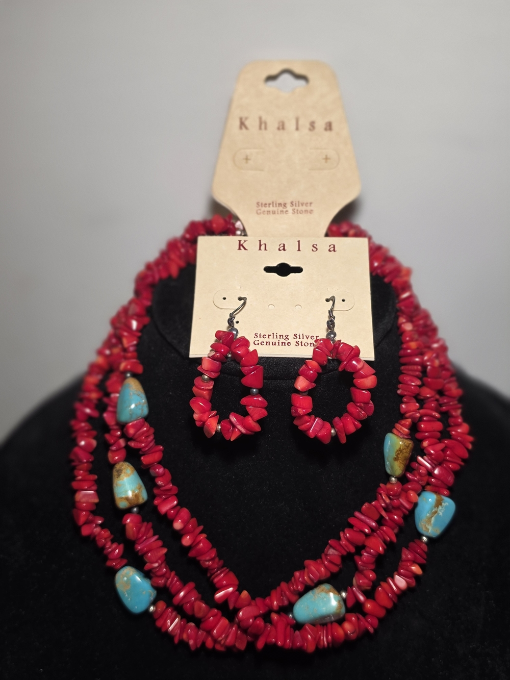Khalsa 925 Sterling Silver Turquoise Stone Red Coral Chip 3 Strand Necklace Set